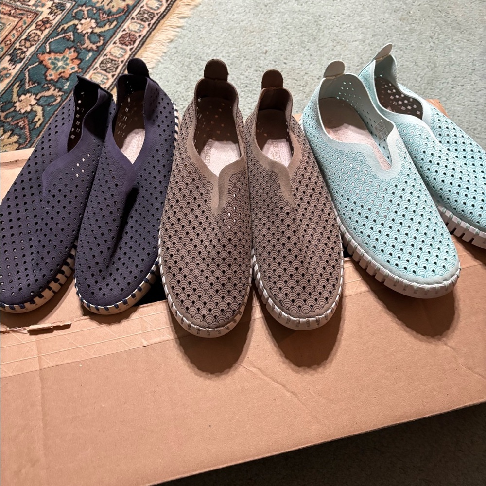 3 pr EUC TULIP Ilse Jacobsen MSR  $300 COMFY STYLISH Navy, Brown, Mint 39 8.5-9